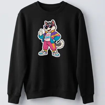 Retro 80s wolf character with sunglasses and Stay Cool text in bright colors — printed on a unisex sweatshirt