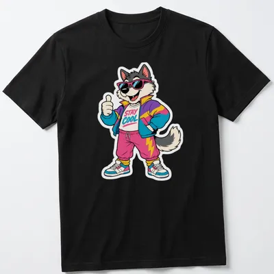 Retro 80s wolf character with sunglasses and Stay Cool text in bright colors