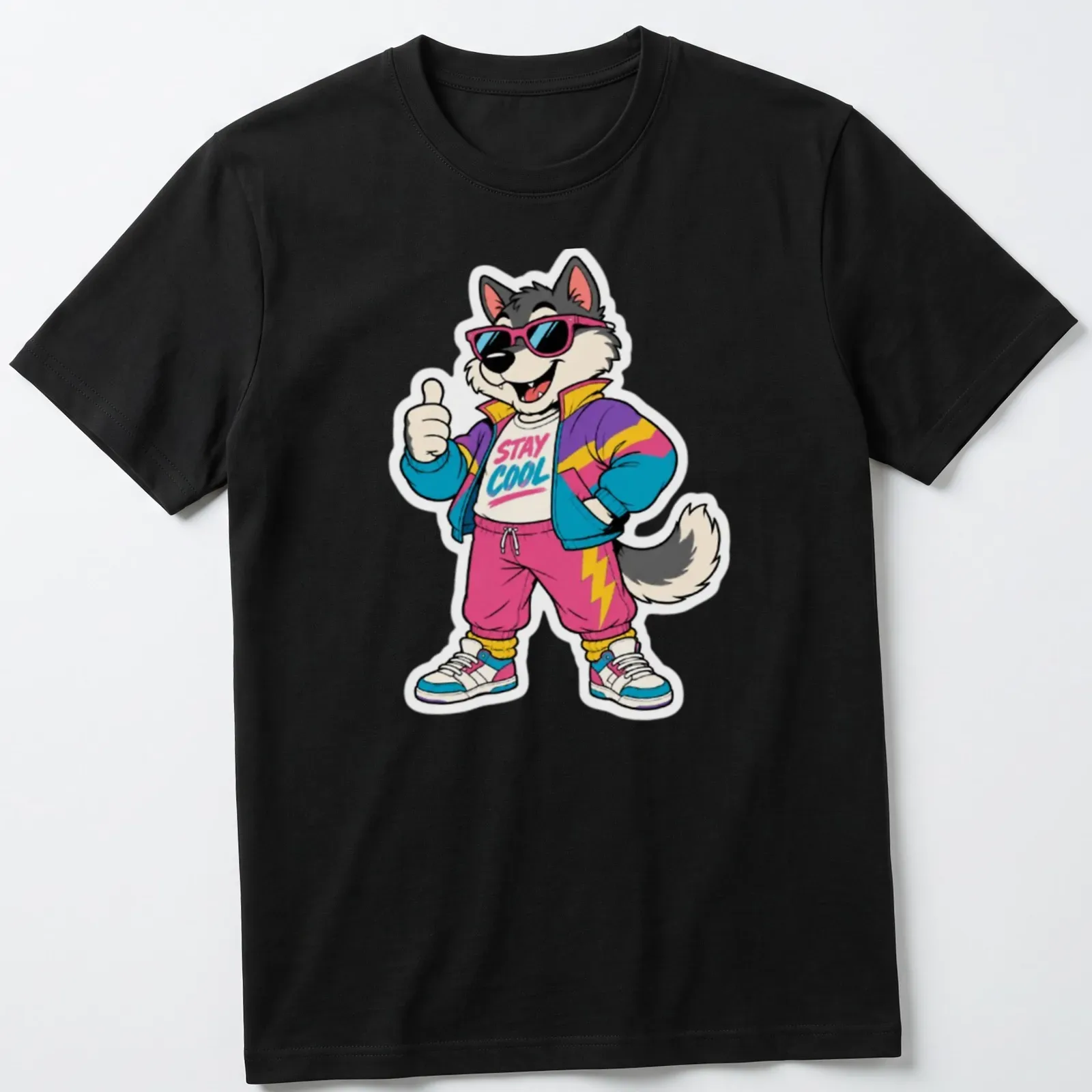 Retro 80s wolf character with sunglasses and Stay Cool text in bright colors — printed on a unisex t-shirt