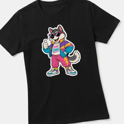 Retro 80s wolf character with sunglasses and Stay Cool text in bright colors — printed on a women's shirt