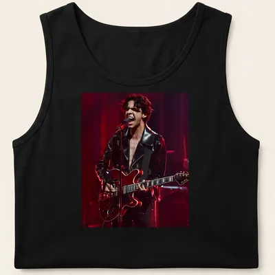 Illustration of a musician with a guitar in black, red, and grey. — printed on a tank top