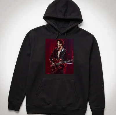 Illustration of a musician with a guitar in black, red, and grey. — printed on a unisex hoodie