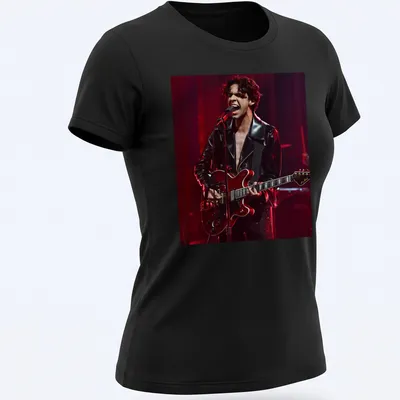 Illustration of a musician with a guitar in black, red, and grey. — printed on a women's shirt