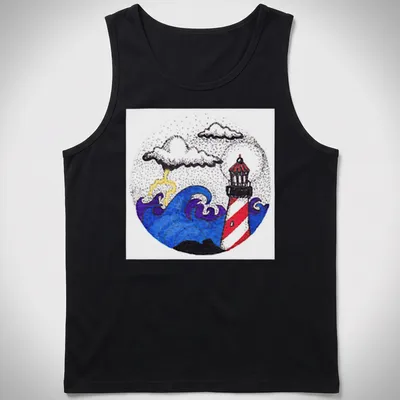 Illustrative print of a lighthouse amid stormy waves and clouds, featuring vibrant colors — printed on a tank top