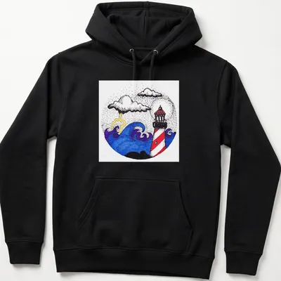 Illustrative print of a lighthouse amid stormy waves and clouds, featuring vibrant colors — printed on a unisex hoodie