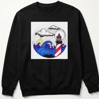 Illustrative print of a lighthouse amid stormy waves and clouds, featuring vibrant colors — printed on a unisex sweatshirt