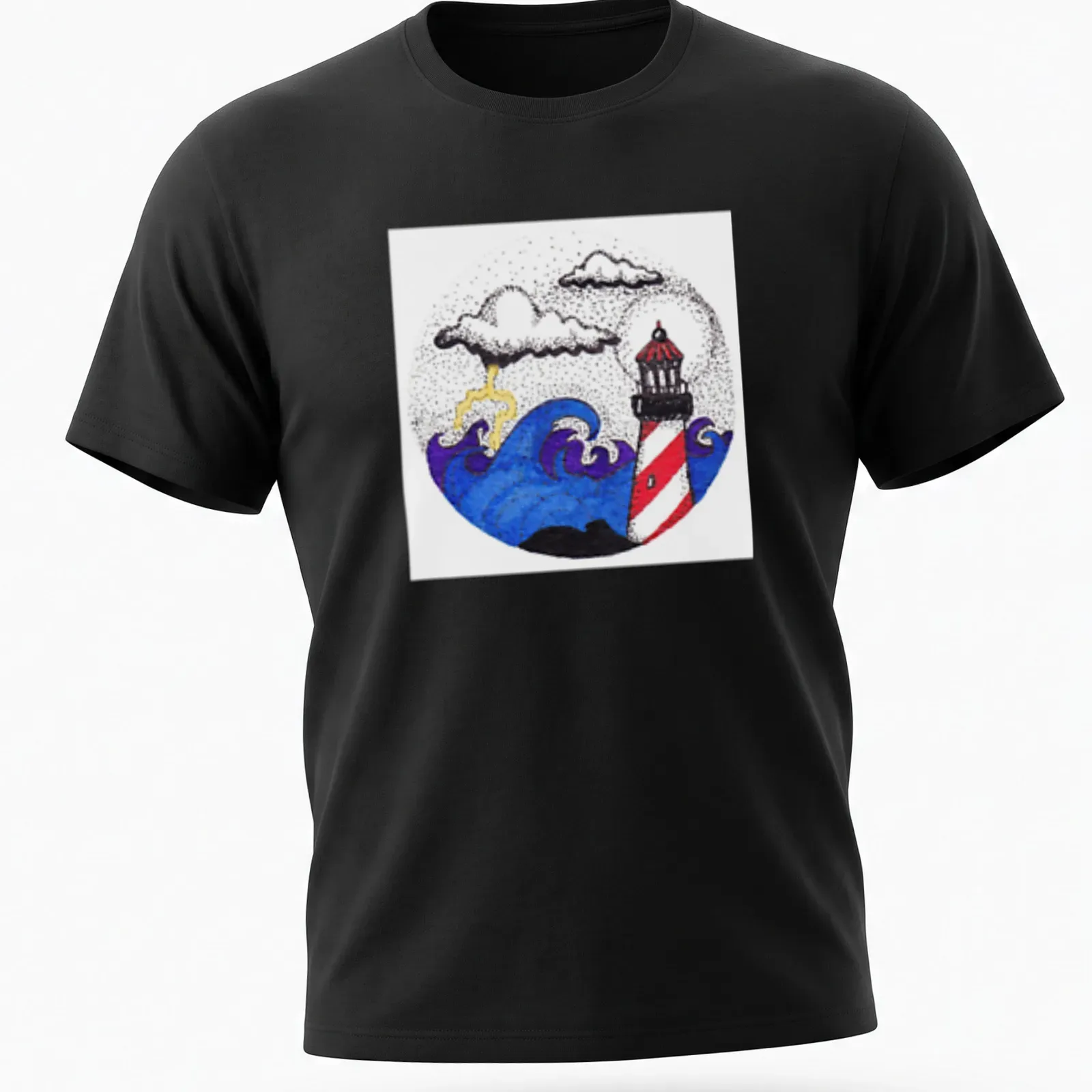Illustrative print of a lighthouse amid stormy waves and clouds, featuring vibrant colors — printed on a unisex t-shirt