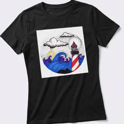 Illustrative print of a lighthouse amid stormy waves and clouds, featuring vibrant colors — printed on a women's shirt