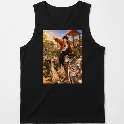 Anime-style illustration of playful characters at a vibrant playground — printed on a tank top