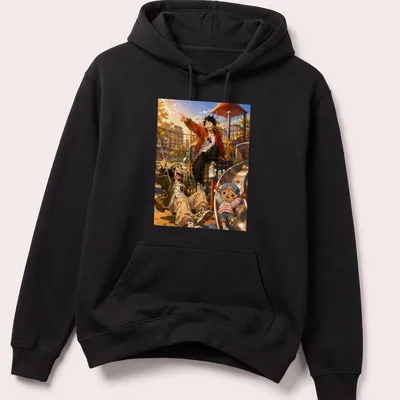 Anime-style illustration of playful characters at a vibrant playground — printed on a unisex hoodie