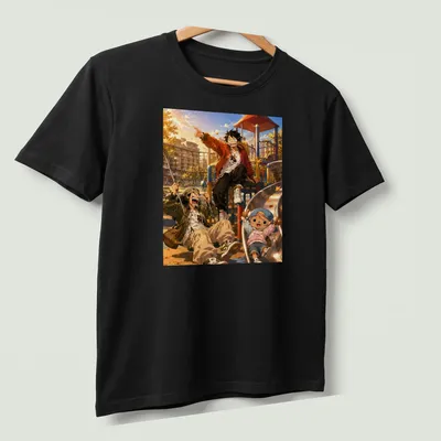 Anime-style illustration of playful characters at a vibrant playground — printed on a unisex t-shirt (angled view)