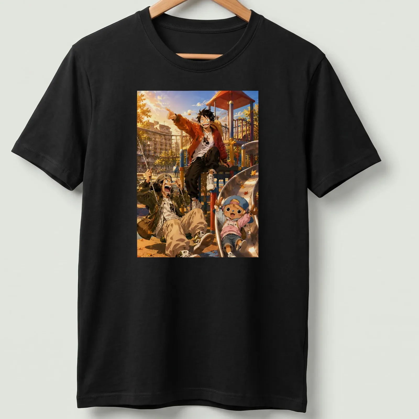 Anime-style illustration of playful characters at a vibrant playground — printed on a unisex t-shirt
