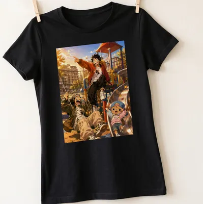 Anime-style illustration of playful characters at a vibrant playground — printed on a women's shirt