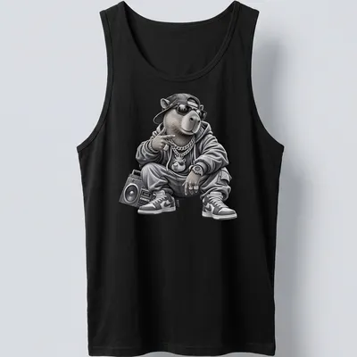 Urban capybara graphic in gray, black, and white showcasing hip hop style — printed on a tank top
