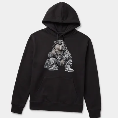 Urban capybara graphic in gray, black, and white showcasing hip hop style — printed on a unisex hoodie
