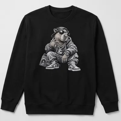 Urban capybara graphic in gray, black, and white showcasing hip hop style — printed on a unisex sweatshirt