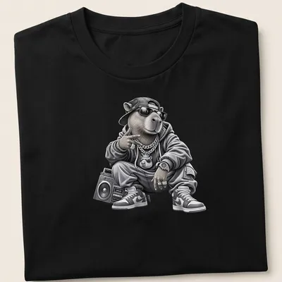 Urban capybara graphic in gray, black, and white showcasing hip hop style