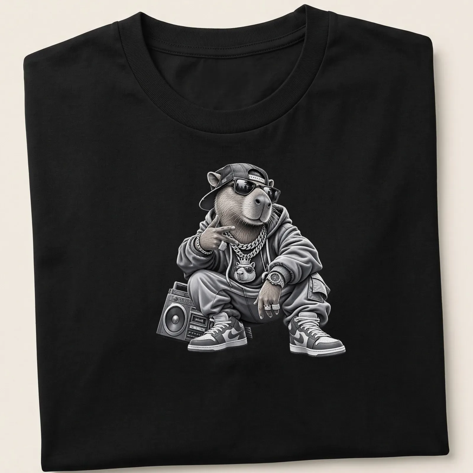 Urban capybara graphic in gray, black, and white showcasing hip hop style — printed on a unisex t-shirt