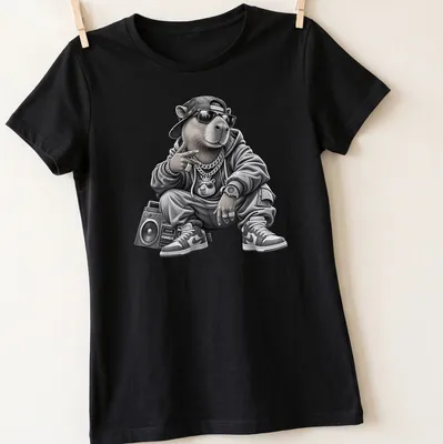Urban capybara graphic in gray, black, and white showcasing hip hop style — printed on a women's shirt