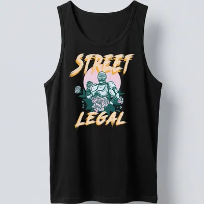 Vintage illustration t-shirt featuring a robotic character with floral elements and the text STREET LEGAL — printed on a tank top