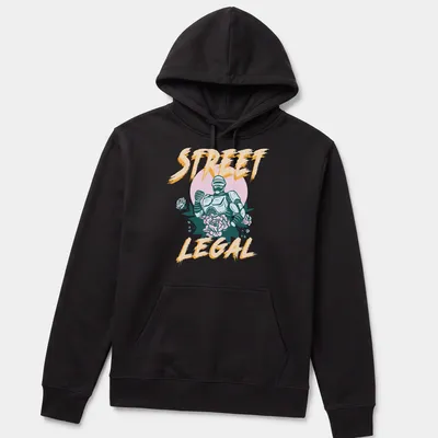 Vintage illustration t-shirt featuring a robotic character with floral elements and the text STREET LEGAL — printed on a unisex hoodie