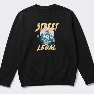 Vintage illustration t-shirt featuring a robotic character with floral elements and the text STREET LEGAL — printed on a unisex sweatshirt