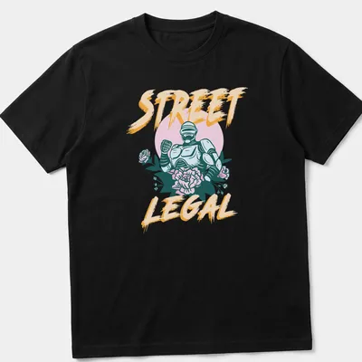 Vintage illustration t-shirt featuring a robotic character with floral elements and the text STREET LEGAL