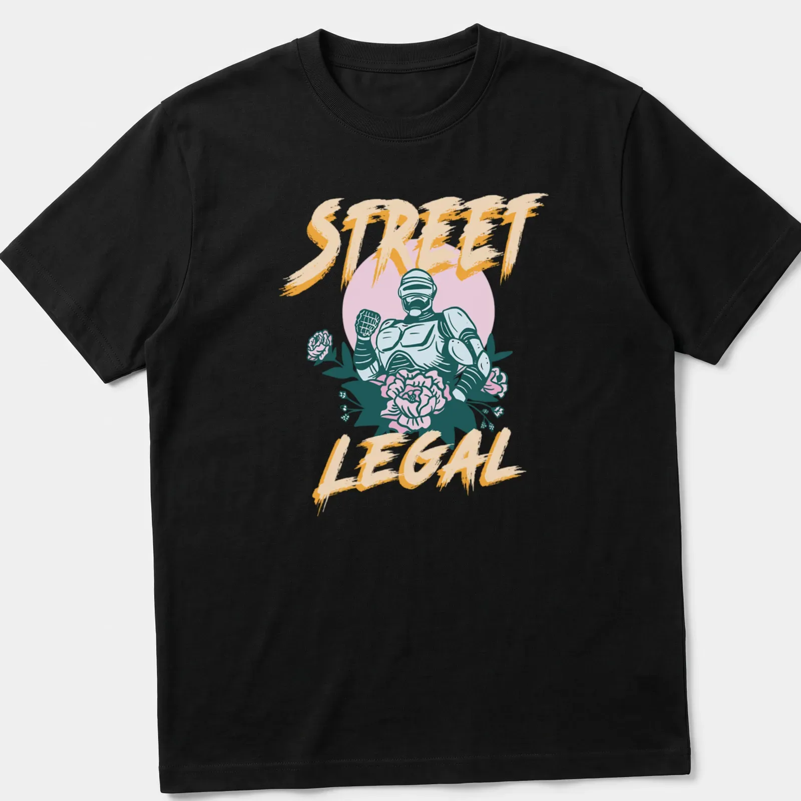 Vintage illustration t-shirt featuring a robotic character with floral elements and the text STREET LEGAL — printed on a unisex t-shirt