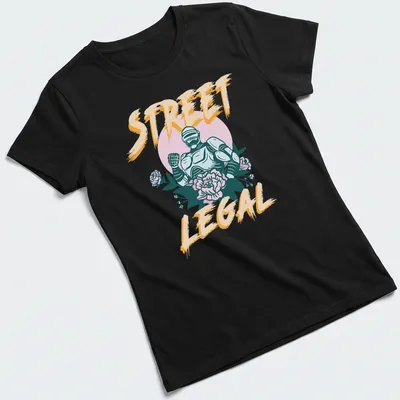 Vintage illustration t-shirt featuring a robotic character with floral elements and the text STREET LEGAL — printed on a women's shirt