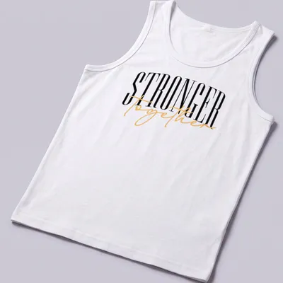 Elegant typography t-shirt featuring the phrase 'STRONGER together' in black, gold, and white. — printed on a tank top