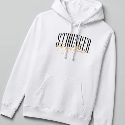 Elegant typography t-shirt featuring the phrase 'STRONGER together' in black, gold, and white. — printed on a unisex hoodie
