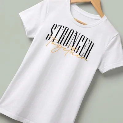 Elegant typography t-shirt featuring the phrase 'STRONGER together' in black, gold, and white. — printed on a women's shirt