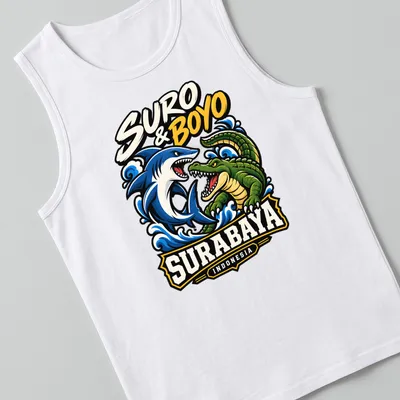 Colorful shark and crocodile design with bold text for Surabaya — printed on a tank top