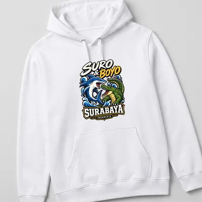 Colorful shark and crocodile design with bold text for Surabaya — printed on a unisex hoodie