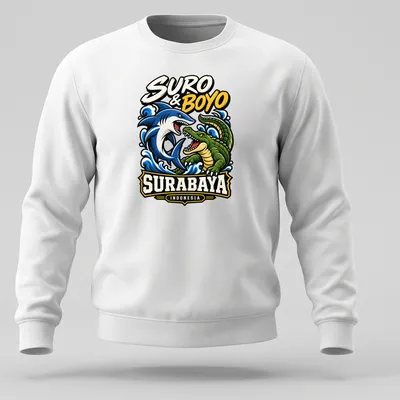 Colorful shark and crocodile design with bold text for Surabaya — printed on a unisex sweatshirt