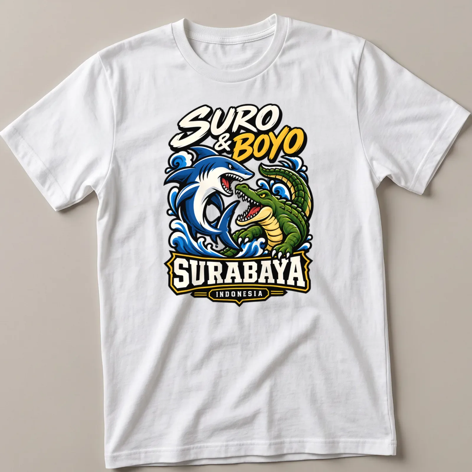 Colorful shark and crocodile design with bold text for Surabaya — printed on a unisex t-shirt