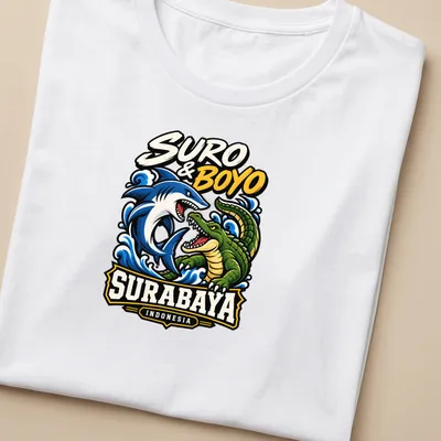 Colorful shark and crocodile design with bold text for Surabaya — printed on a women's shirt
