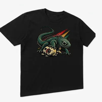 Vintage punk T-shirt featuring a bold T+ and a lizard design. — printed on a unisex t-shirt (angled view)