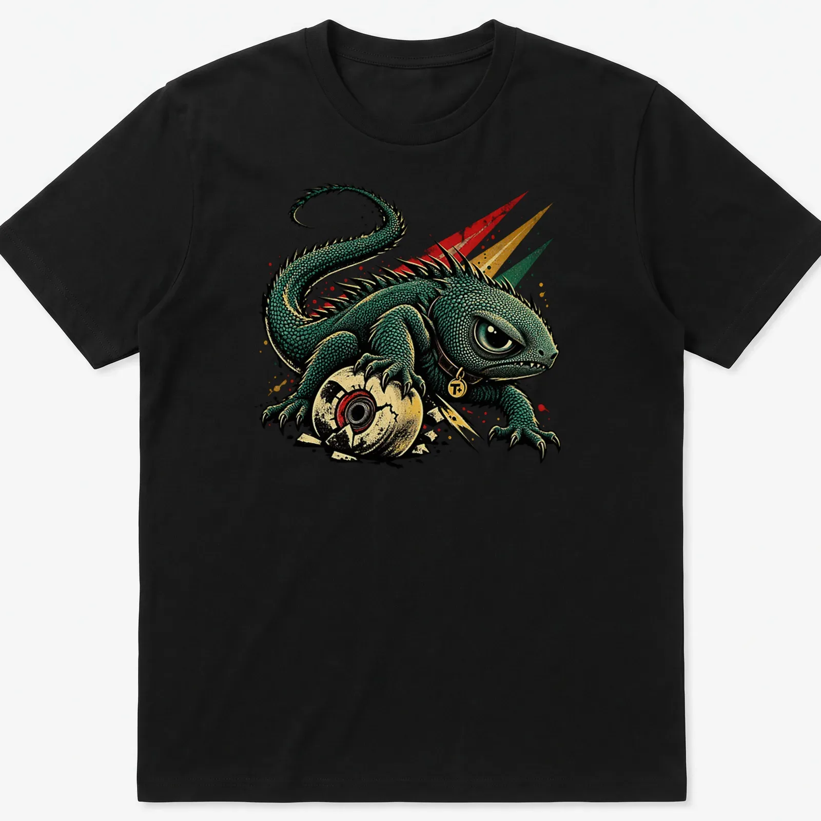 Vintage punk T-shirt featuring a bold T+ and a lizard design. — printed on a unisex t-shirt