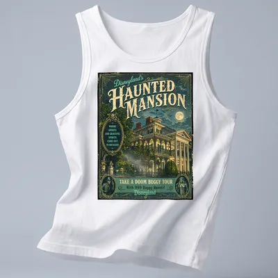 Vintage poster style Haunted Mansion t-shirt with playful ghost imagery and text — printed on a tank top