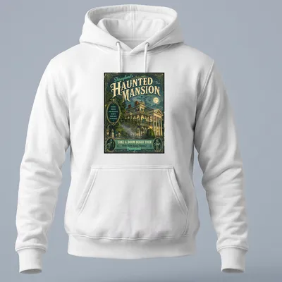 Vintage poster style Haunted Mansion t-shirt with playful ghost imagery and text — printed on a unisex hoodie