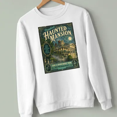 Vintage poster style Haunted Mansion t-shirt with playful ghost imagery and text — printed on a unisex sweatshirt