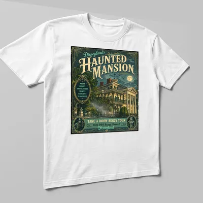 Vintage poster style Haunted Mansion t-shirt with playful ghost imagery and text — printed on a unisex t-shirt (angled view)