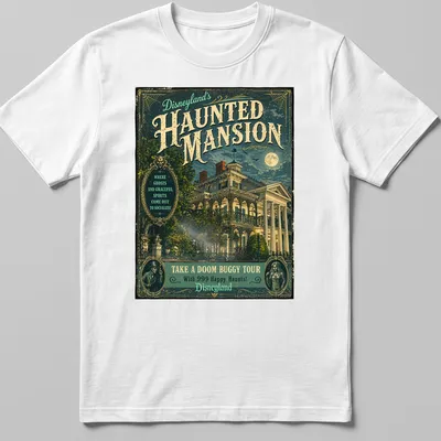 Vintage poster style Haunted Mansion t-shirt with playful ghost imagery and text