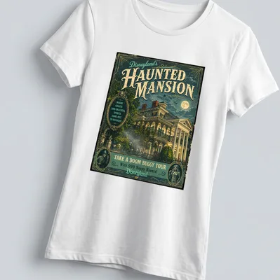 Vintage poster style Haunted Mansion t-shirt with playful ghost imagery and text — printed on a women's shirt
