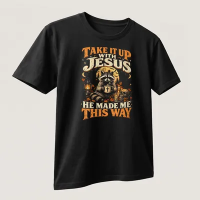Vintage illustration of a raccoon with humorous text on a — printed on a unisex t-shirt (angled view)