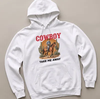 Realistic cowboy riding a horse in the desert with the text 'COWBOY TAKE ME AWAY' — printed on a unisex hoodie