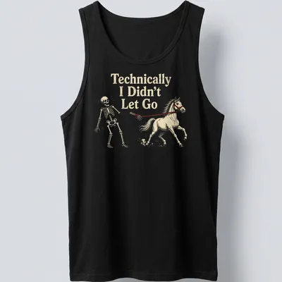 Funny illustration of a horse with a skeleton rider and humorous text — printed on a tank top