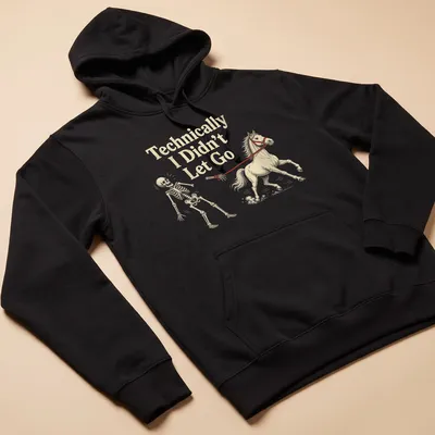Funny illustration of a horse with a skeleton rider and humorous text — printed on a unisex hoodie