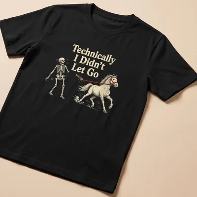 Funny illustration of a horse with a skeleton rider and humorous text — printed on a unisex t-shirt